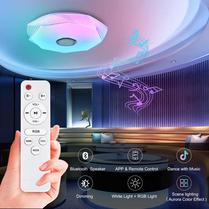 Modern Indoor Surface Mounted Colorful Decoration Smart APP Remote Control Dimming RGB Led Ceiling Light Fixture with Speaker